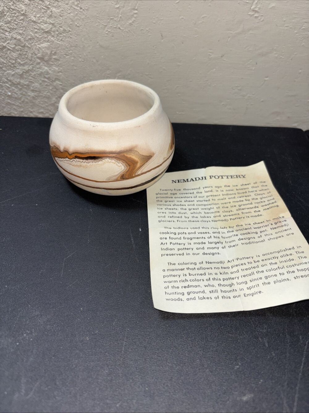 Nemadji Pottery Vintage Bowl / Planter , Orange & Brown Swirl Pattern